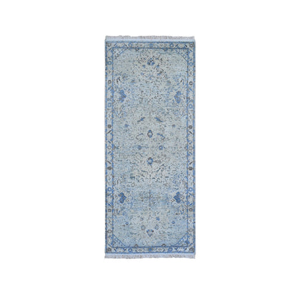 Transitional Wool & Silk Hand Knotted Rug Blue Ivory 2.6X6.0 -O059743