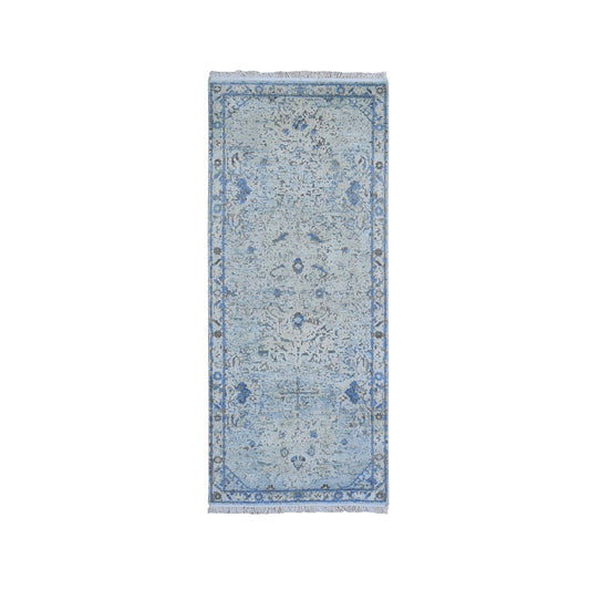 Transitional Wool & Silk Hand Knotted Rug Blue Ivory 2.6X6.0 -O059743