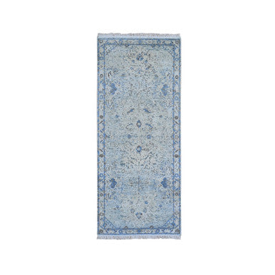 Transitional Wool & Silk Hand Knotted Rug Blue Ivory 2.6X6.0 -O059743