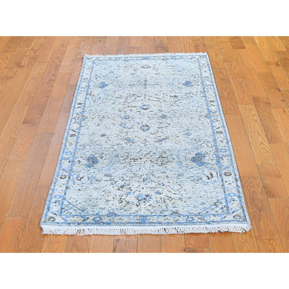 Transitional Wool & Silk Hand Knotted Rug Blue Ivory 2.6X6.0 -O059743