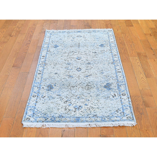 Transitional Wool & Silk Hand Knotted Rug Blue Ivory 2.6X6.0 -O059743