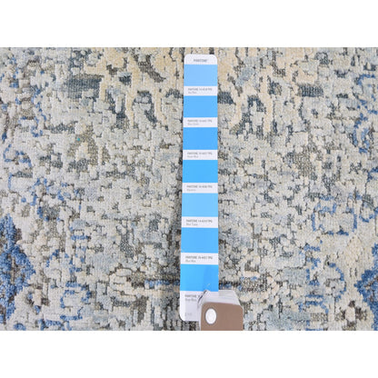 Transitional Wool & Silk Hand Knotted Rug Blue Ivory 2.6X6.0 -O059743