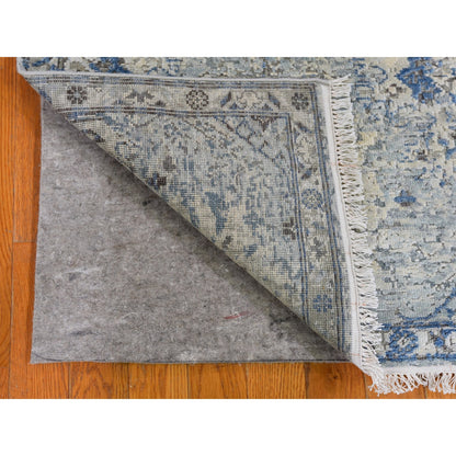 Transitional Wool & Silk Hand Knotted Rug Blue Ivory 2.6X6.0 -O059743
