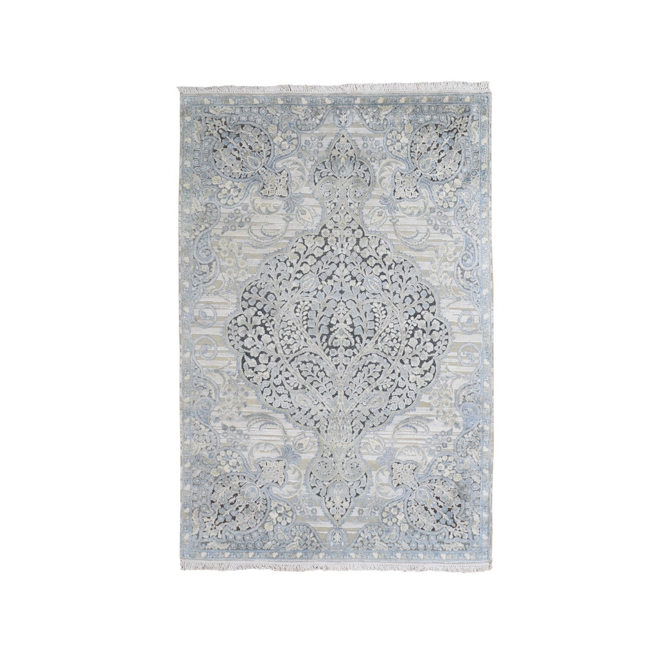 Transitional Wool & Silk Hand Knotted Rug Blue No Border 4.0X6.3 -O059745