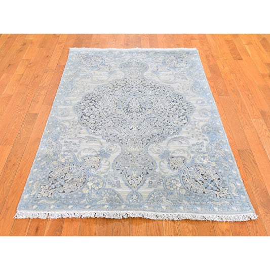 Transitional Wool & Silk Hand Knotted Rug Blue No Border 4.0X6.3 -O059745