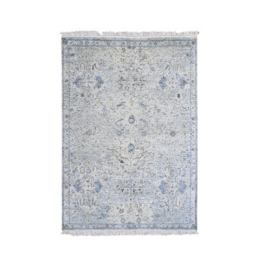 Modern and Contemporary Wool & Silk Hand Knotted Rug Blue Ivory 4.0X6.0 -O059750