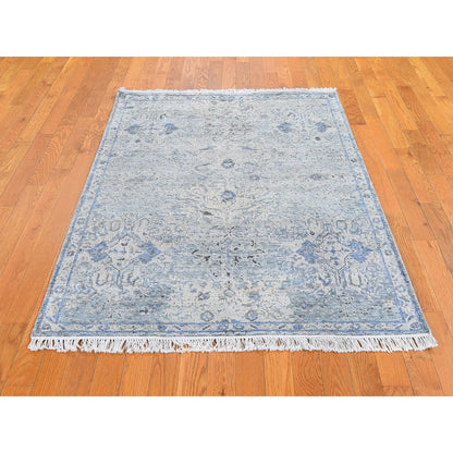 Modern and Contemporary Wool & Silk Hand Knotted Rug Blue Ivory 4.0X6.0 -O059750