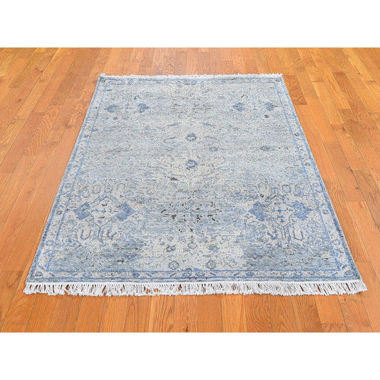Modern and Contemporary Wool & Silk Hand Knotted Rug Blue Ivory 4.0X6.0 -O059750