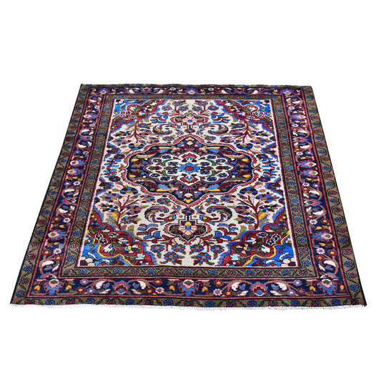 Persian Wool Hand Knotted Rug Ivory Navy Blue 3.6X4.10 -O059896