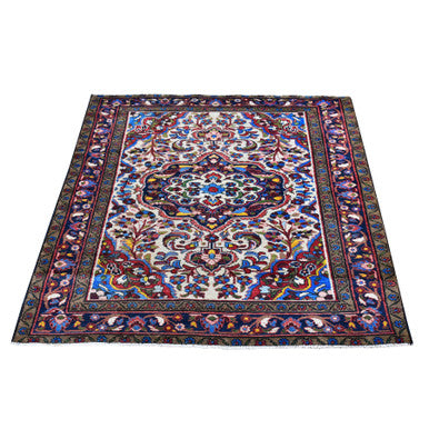 Persian Wool Hand Knotted Rug Ivory Navy Blue 3.6X4.10 -O059896