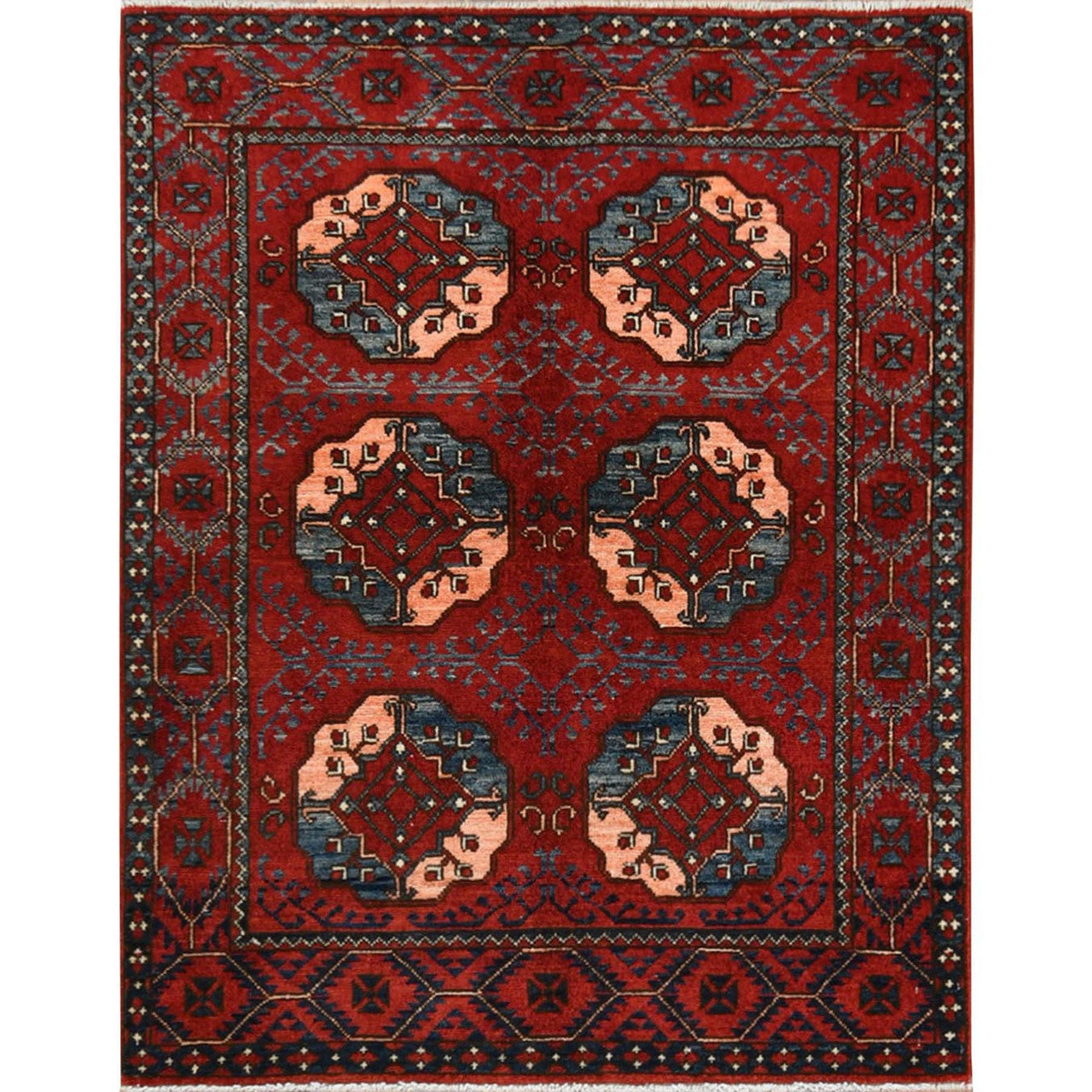 Tribal & Geometric Wool Hand Knotted Rug Red Red 3.5X4.4 -O060002
