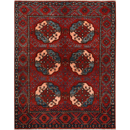 Tribal & Geometric Wool Hand Knotted Rug Red Red 3.5X4.4 -O060002