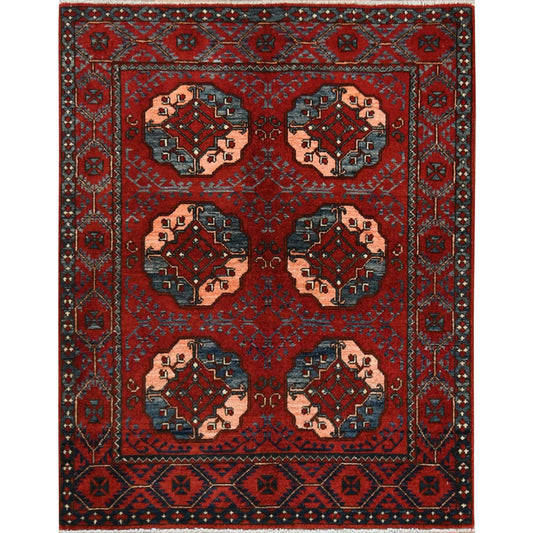 Tribal & Geometric Wool Hand Knotted Rug Red Red 3.5X4.4 -O060002