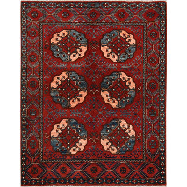 Tribal & Geometric Wool Hand Knotted Rug Red Red 3.5X4.4 -O060002