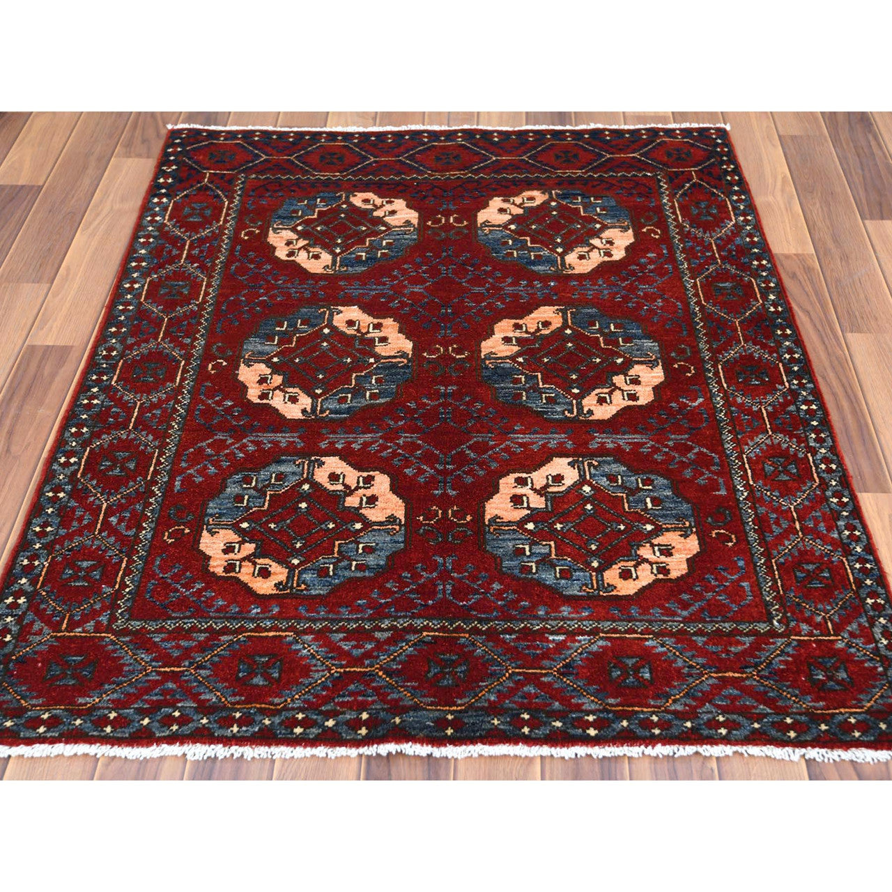 Tribal & Geometric Wool Hand Knotted Rug Red Red 3.5X4.4 -O060002