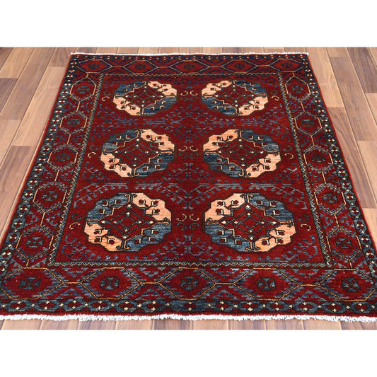 Tribal & Geometric Wool Hand Knotted Rug Red Red 3.5X4.4 -O060002