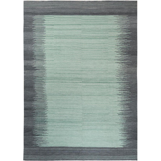 Flat Weave Wool Hand Woven Rug Green Dark Gray 10.0X14.1 -O060021