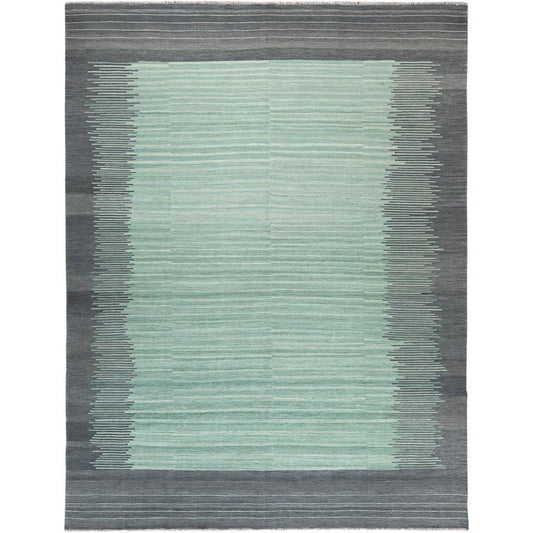 Flat Weave Wool Hand Woven Rug Green Dark Gray 9.3X12.1 -O060022