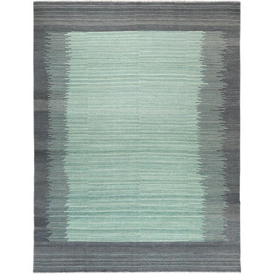 Flat Weave Wool Hand Woven Rug Green Dark Gray 9.3X12.1 -O060022