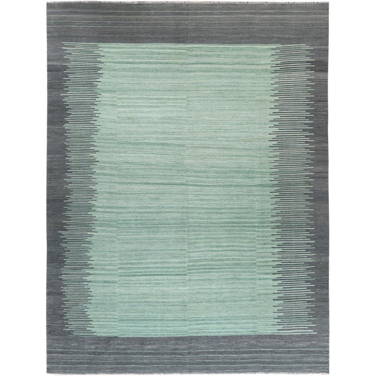 Flat Weave Wool Hand Woven Rug Green Dark Gray 9.2X12.0 -O060023