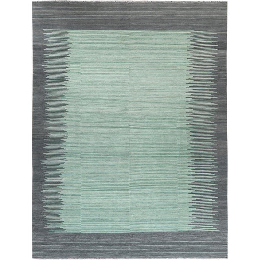 Flat Weave Wool Hand Woven Rug Green Dark Gray 9.2X12.0 -O060023