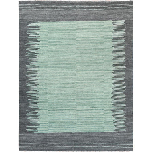 Flat Weave Wool Hand Woven Rug Green Dark Gray 8.2X10.1 -O060024