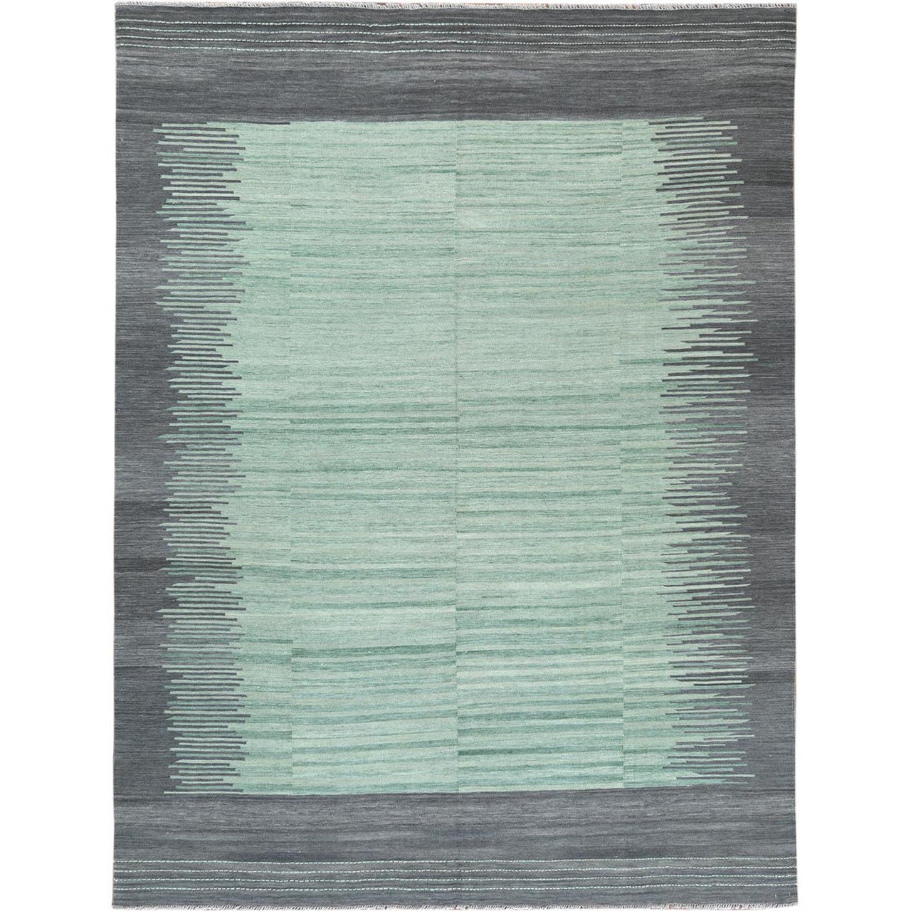 Flat Weave Wool Hand Woven Rug Green Dark Gray 8.2X10.1 -O060025
