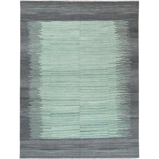 Flat Weave Wool Hand Woven Rug Green Dark Gray 8.2X10.1 -O060025