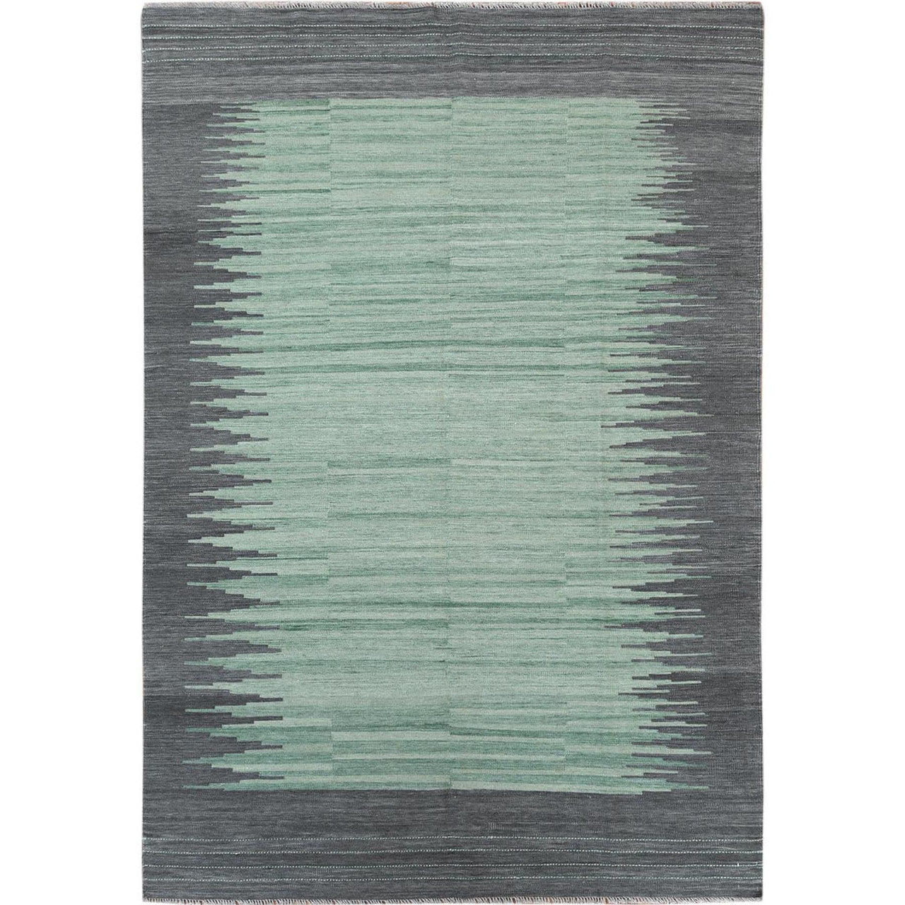 Flat Weave Wool Hand Woven Rug Green Dark Gray 6.1X9.1 -O060026