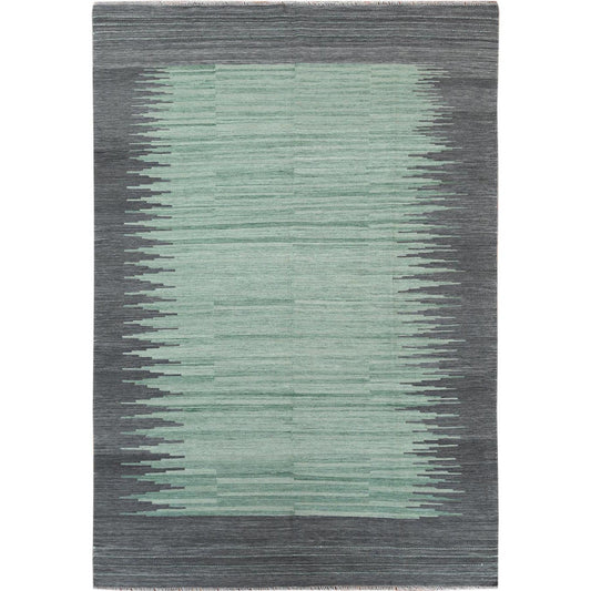 Flat Weave Wool Hand Woven Rug Green Dark Gray 6.1X9.1 -O060026