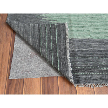 Flat Weave Wool Hand Woven Rug Green Dark Gray 6.1X9.1 -O060026