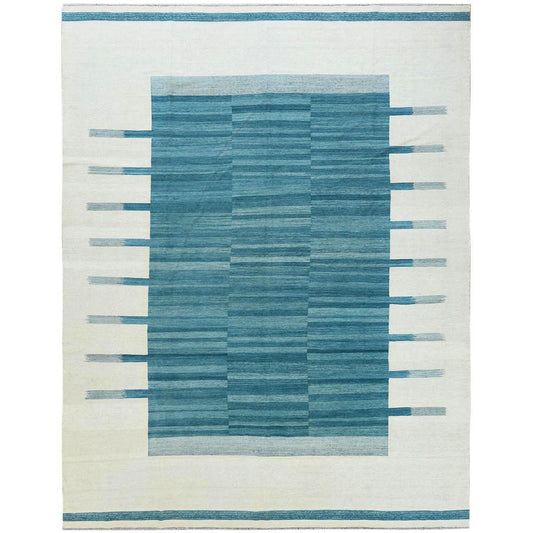 Flat Weave Wool Hand Woven Rug Teal No Border 10.8X14.1 -O060053