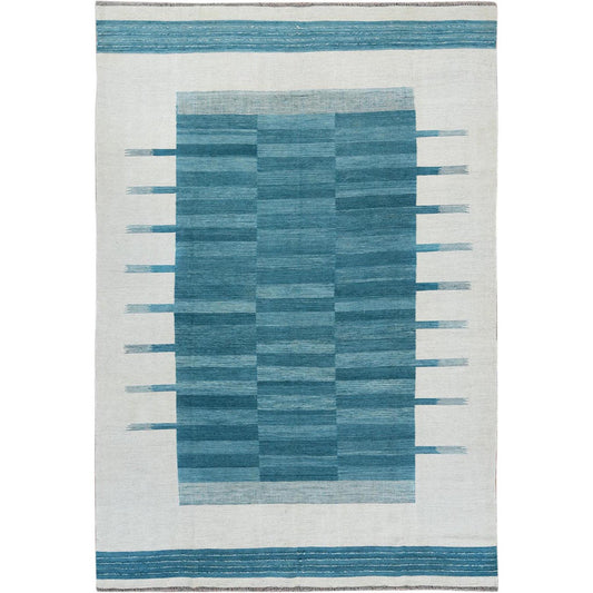 Flat Weave Wool Hand Woven Rug Teal No Border 6.4X9.0 -O060055