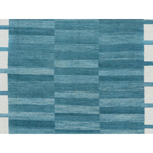 Flat Weave Wool Hand Woven Rug Teal No Border 6.4X9.0 -O060055