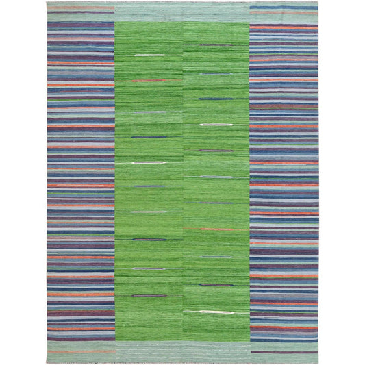 Flat Weave Wool Hand Woven Rug Green No Border 9.3X12.1 -O060091