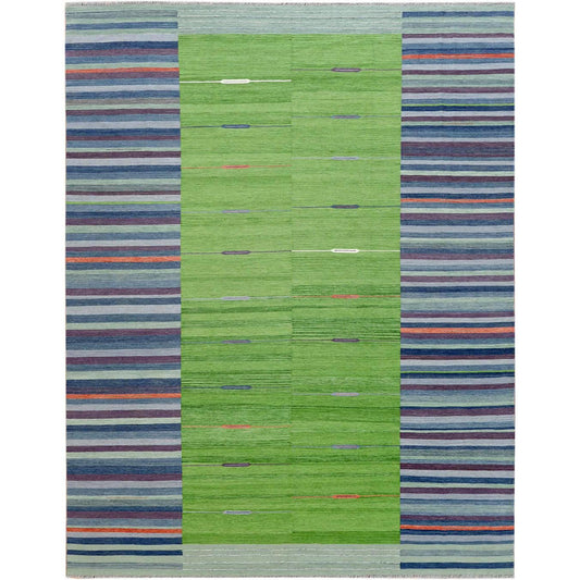 Flat Weave Wool Hand Woven Rug Green No Border 9.4X12.1 -O060092
