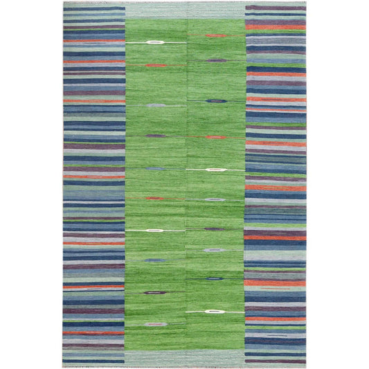 Flat Weave Wool Hand Woven Rug Green No Border 6.2X9.2 -O060095