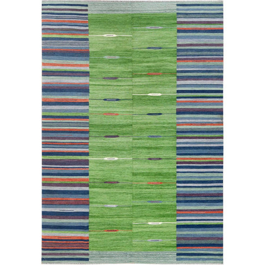 Flat Weave Wool Hand Woven Rug Green No Border 6.3X9.2 -O060096