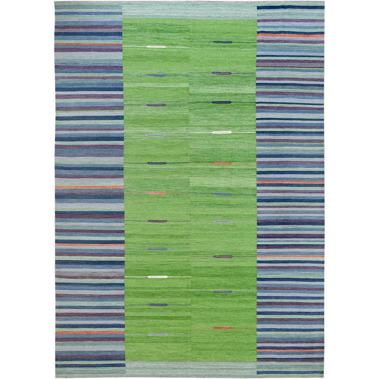 Flat Weave Wool Hand Woven Rug Green No Border 10.4X14.2 -O060097