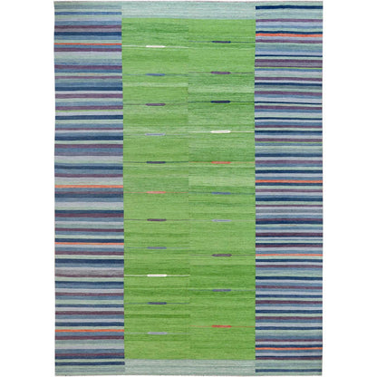 Flat Weave Wool Hand Woven Rug Green No Border 10.4X14.2 -O060097