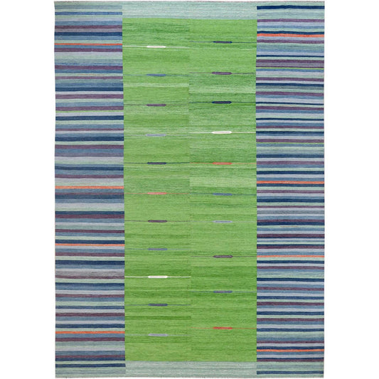 Flat Weave Wool Hand Woven Rug Green No Border 10.4X14.2 -O060097