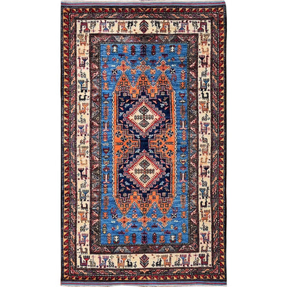 Kazak Wool Hand Knotted Rug Blue 3.11x6.4 -O0600