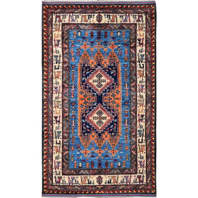 Kazak Wool Hand Knotted Rug Blue 3.11x6.4 -O0600