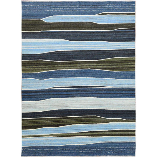 Flat Weave Wool Hand Woven Rug Blue No Border 6.3X8.9 -O060104
