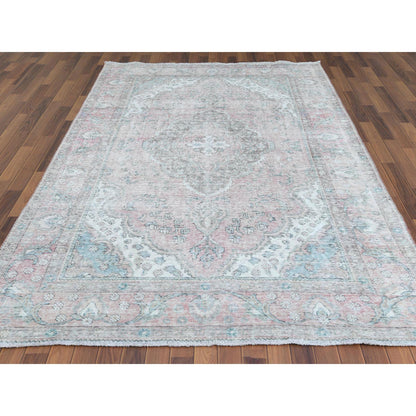White Wash Vintage & Silver Wash Worn Wool Hand Knotted Rug Red Red 6.8X9.8 -O060183