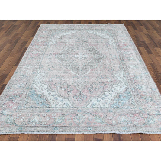 White Wash Vintage & Silver Wash Worn Wool Hand Knotted Rug Red Red 6.8X9.8 -O060183
