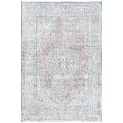 White Wash Vintage & Silver Wash Worn Wool Hand Knotted Rug Red Beige 6.2X9.7 -O060186