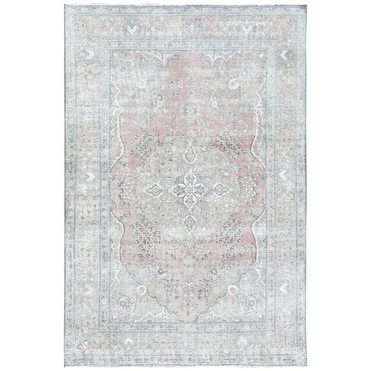 White Wash Vintage & Silver Wash Worn Wool Hand Knotted Rug Red Beige 6.2X9.7 -O060186