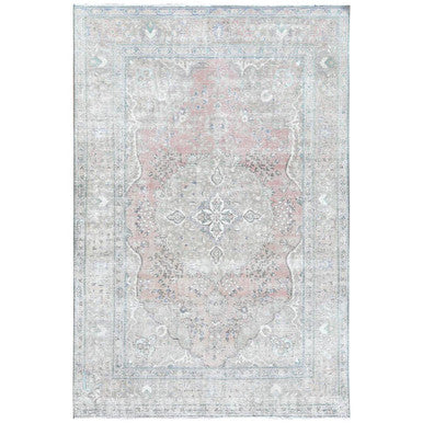 White Wash Vintage & Silver Wash Worn Wool Hand Knotted Rug Red Beige 6.2X9.7 -O060186