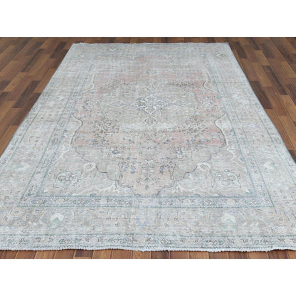 White Wash Vintage & Silver Wash Worn Wool Hand Knotted Rug Red Beige 6.2X9.7 -O060186